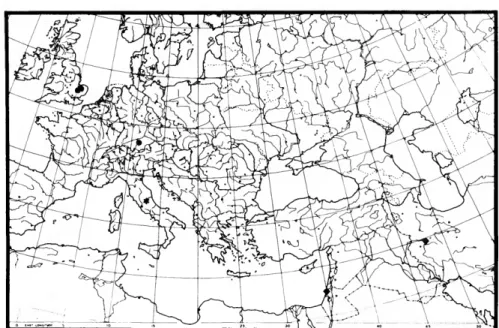 FIGURE 70.—Distribution map of Setacera trina (filled circles); S. meneghinii (star); S