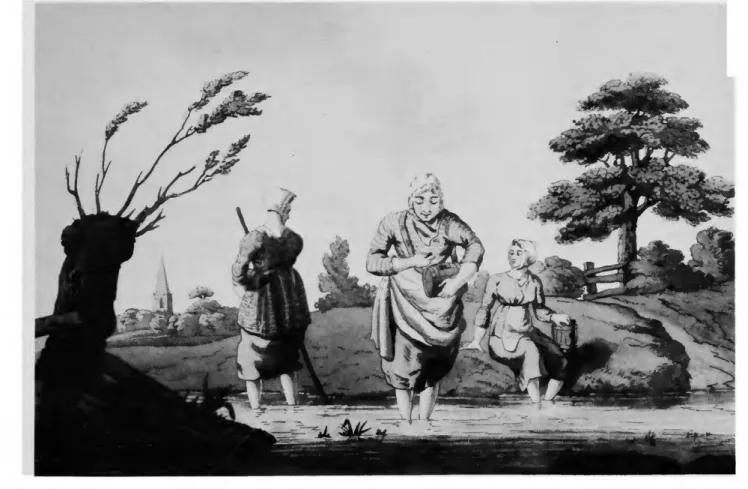 FIGURE 19.—Lithograph published in London in 1814 showing three women gathering leeches by  a stream