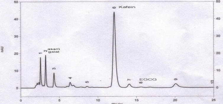Gambar 6.  Kromatogram hasil identifikasi senyawa asam galat, kafein dan epigalokatekin galat dalam EK 
