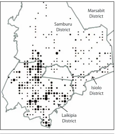 FIGURE 3. Relative abundance and distribution of wildlife (black  dots) in the Ewaso ecosystem, with the majority on pro- wildlife  ranches in Laikipia District (source: Department of Resource  Sur-veys and Remote Sensing survey, February 2001).