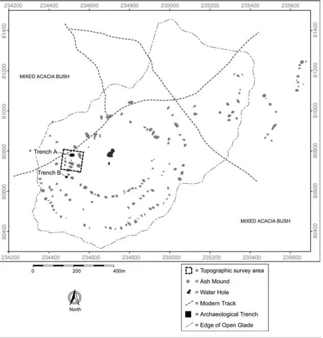 FIGURE 4. Maasai Plains site plan, showing concentric arrangement of low ash mounds, Mugie Ranch, Laikipia