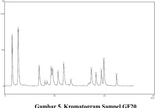 Gambar 3. Kromatogram Sampel G40 Keterangan : Kondisi analisa sampel gaplek sama dengan kondisi yang digunakan pada Gambar 1