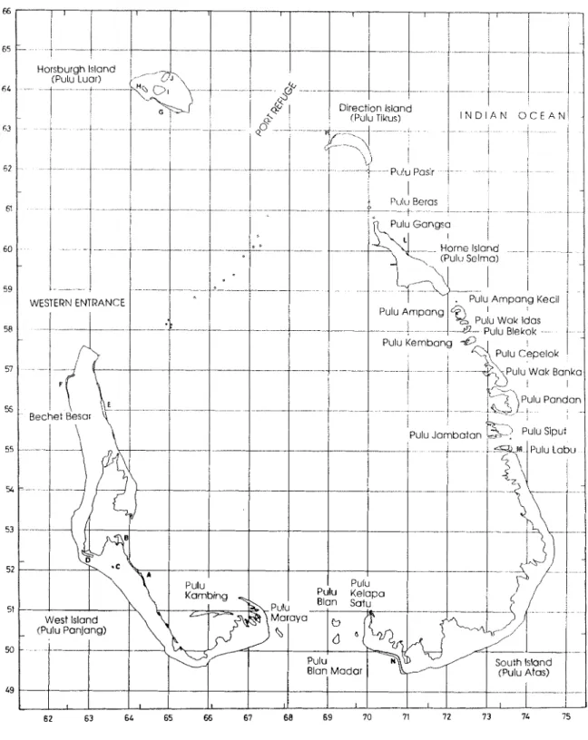 Figure  1.  Location map showing island names, localities mentioned in the text and  remnant vegetation patches on the Cocos atoll