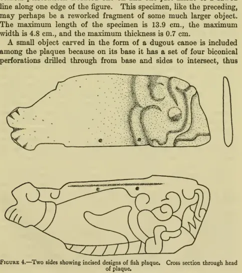 Figure 4. — ^Two sides showing incised designs of fish plaque. Cross section through head of plaque.