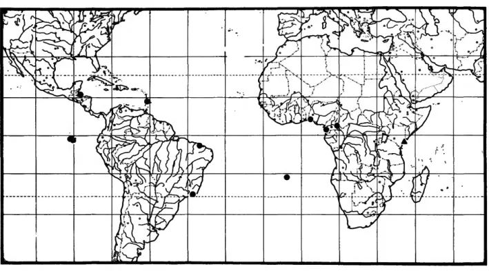 FIGURE 4.—Distribution map for Hecamede (Hecamede) africana (open triangle) and H. brasiliensis (dots and open diamond).