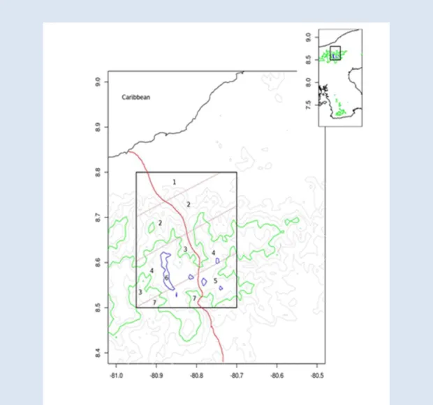 Figure  2.3.  Sampling  zones  across  a  large,  heterogeneous  forest  region.  The  map  shows  a  hypothetical  proposal  for  sampling  a  rectangular  area  of  82,000  ha  in  Panama,  straddling  the  Veraguas-Colon border (as shown in inset)