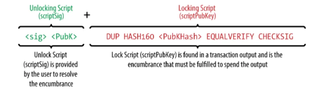 Figure 6-3 is an example of the unlocking and locking scripts for the most common type of bitcoin transaction (a payment to a public key hash), showing the combined script resulting from the concatenation of the unlocking and locking scripts prior to scrip