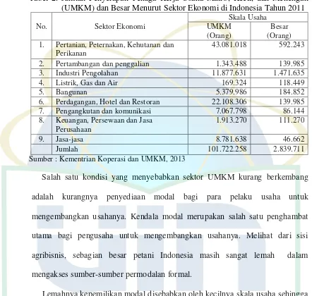 Tabel 2. Jumlah Penyerapan Tenaga Kerja Usaha Mikro, Kecil, dan Menengah (UMKM) dan Besar Menurut Sektor Ekonomi di Indonesia Tahun 2011 