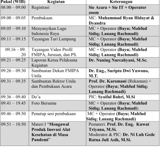 09.41 – 19.45  Foto Bersama  MC + Operator (Bayu; Mahfud  Sidiq; Lanang Rachmadi)  09.46 – 09.50  Penutup sesi pembukaan   MC + Operator (Bayu; Mahfud 