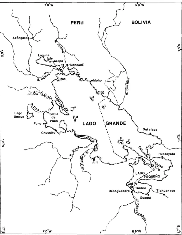 FIG.  22.    Major divisions of Lago Titicaca, surrounding towns and tributaries. Labeled islands are: 
