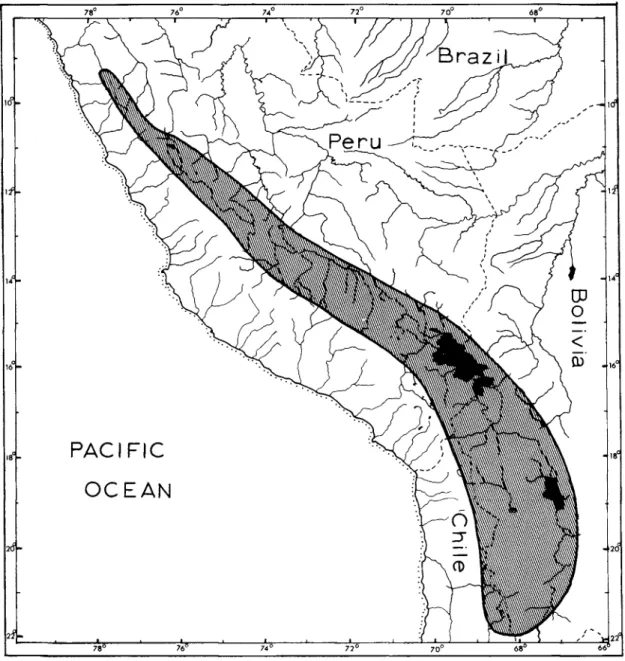 FIG.  1.    Limits of the known range of the genus Orestias, cross-hatched and outlined by a solid line