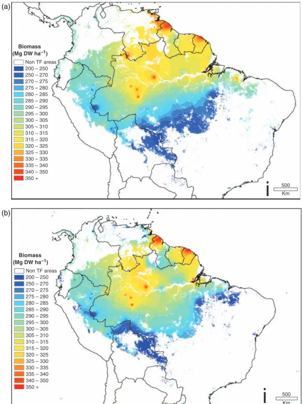 Fig. 9 Interpolations of biomass of lowland South American tropical forests: (a) calculated by interpolating biomass estimates generated at each plot (with 25 local anomalous plots removed using a search radius of 250 km) using inverse distance weighting (