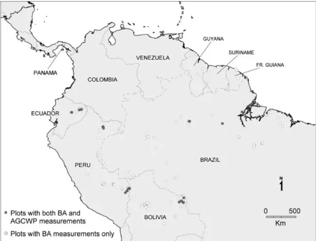 Fig. 1 Forest site locations where basal area measurements have been taken in lowland South American tropical forests
