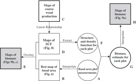 Fig. 2 A flow diagram indicating the analysis pathways presented in this paper. Squares indicate maps, circles indicates table of values for each plot, shaded squares indicate the end-products: maps of biomass
