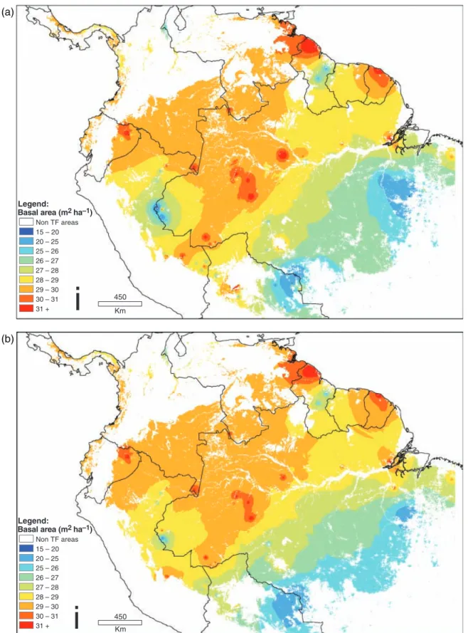 Fig. 3 (a) A simple interpolation of 227 basal area measurements using inverse distance weighting across lowland South American tropical forests; (b) an interpolation of 199 basal area measurements (28 plots have been removed as ‘outliers’ – details given 
