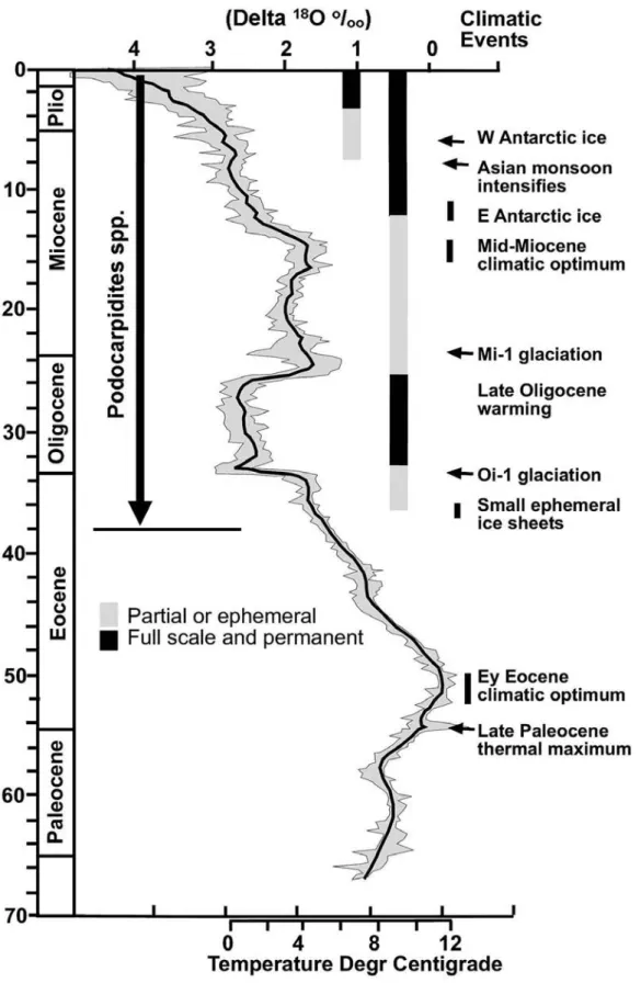 FIGURE 2.5. Appearance of Podocarpus pollen in Southeast Asia in relation to the trend of global climate  change as indicated by oxygen isotope data of Zachos et al
