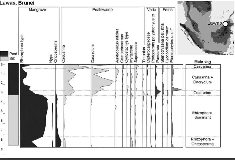 FIGURE 2.8. Palynological analysis of the Lawas peat swamp in Brunei. Analysis was performed by Jan Muller in 1963, but data are published  here for the first time.