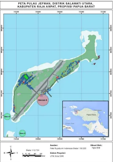 Gambar 1. Peta lokasipenelitian di perairan pulauJefman dengan stasiun A dan stasiun B
