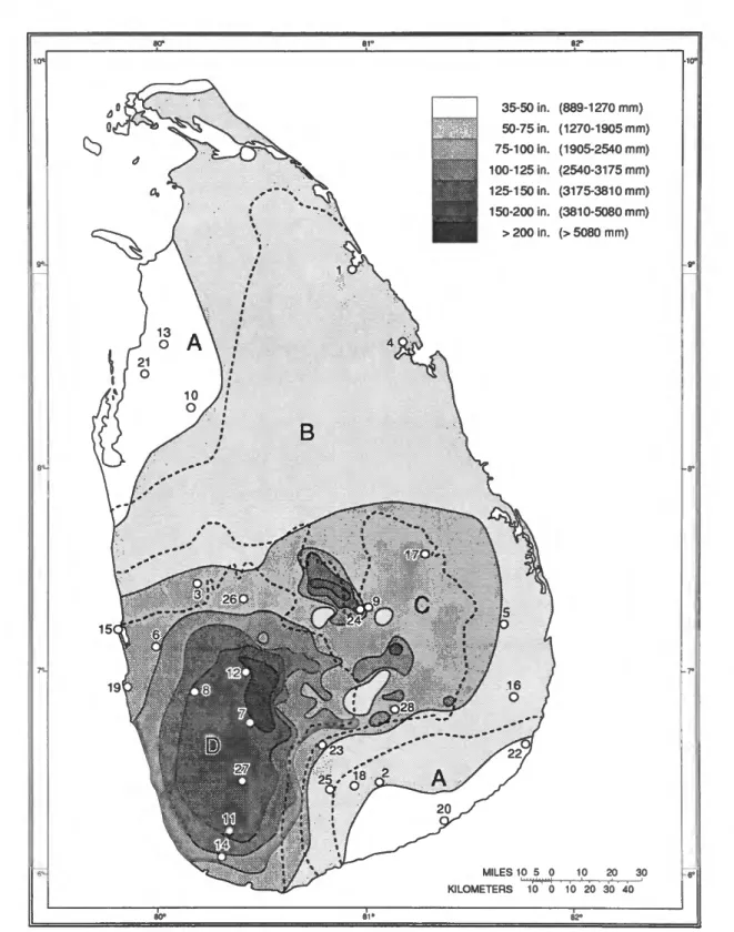 FIGURE 1.—Map of Sri Lanka showing average annual rainfall, 1931-1960, and ecological zones (A-D, dashed lines), key localities numbered as in text