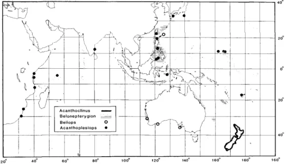 Fig.  3.  Distribution of genera of Acanthoclininae;  see  Fig.  9  for  distributions  of individual  species of Acanthoplesiops