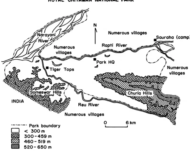 FIGURE 1.—Location, setting, and topographic features of Royal Chitawan National Park, Nepal.