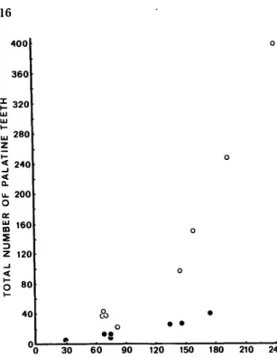 FIGURE 11.—Relationship of number of palatine teeth to standard length.