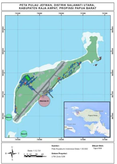 Gambar 1. Peta lokasi penelitian di perairan pulau Jefman dengan stasiun A dan stasiun B  
