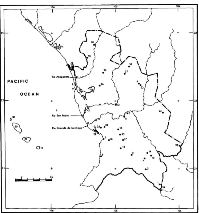 FIGURE 1.—State of  N a y a r i t , Mexico.  ( N u m b e r s refer to localities given in  T a b l e I.)