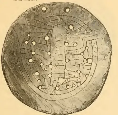 Fig. 127. — Shell gorget with engiaviug of a curious huuiau figure.