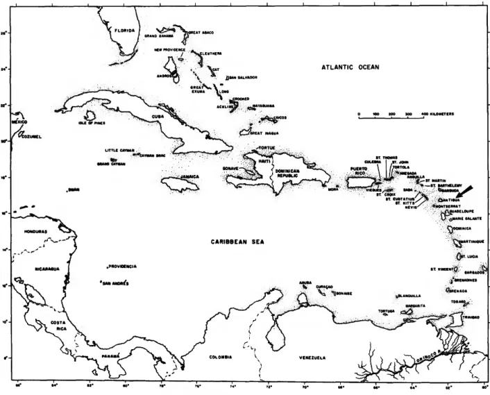 FIGURE 1.—Map of the West Indies showing location of Antigua (arrow).