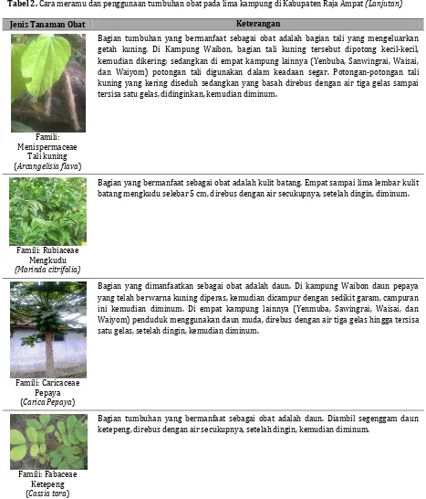 Tabel 2. Cara meramu dan penggunaan tumbuhan obat pada lima kampung di Kabupaten Raja Ampat (Lanjutan)  