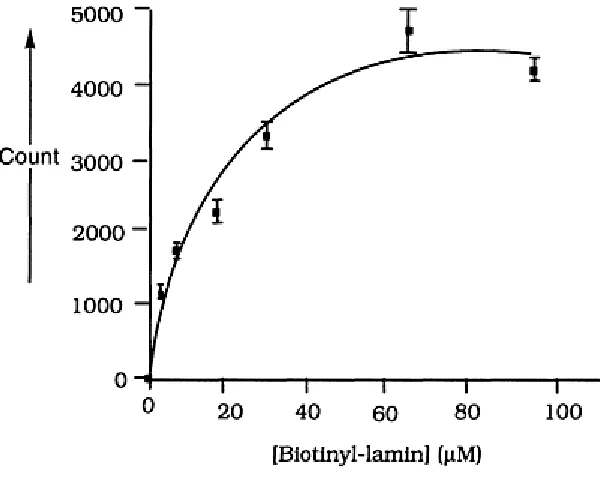 Figure 12: Variable addition of biotinyl-lamin in the SPA farnesyltransferase assay. Final concentrations of Img of enzyme, 10 mM [3H]-FPP, and indicated concentrations of biotinyl-lamin were present; incubations were performed for 60 minutes at room tempe