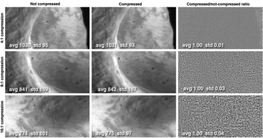 Fig. 5 Effects of compression to different ratios using the MESSENGER integer wavelet transform.