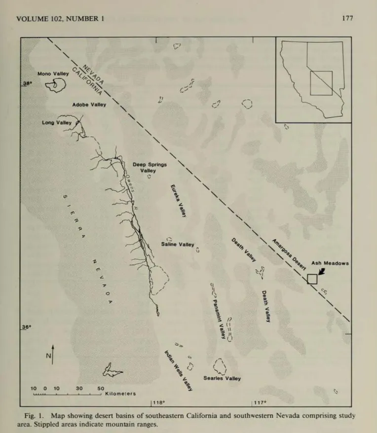 Fig.  I.  Map  sllowing desen  basins of  soutlleastem California  and  soutll"
