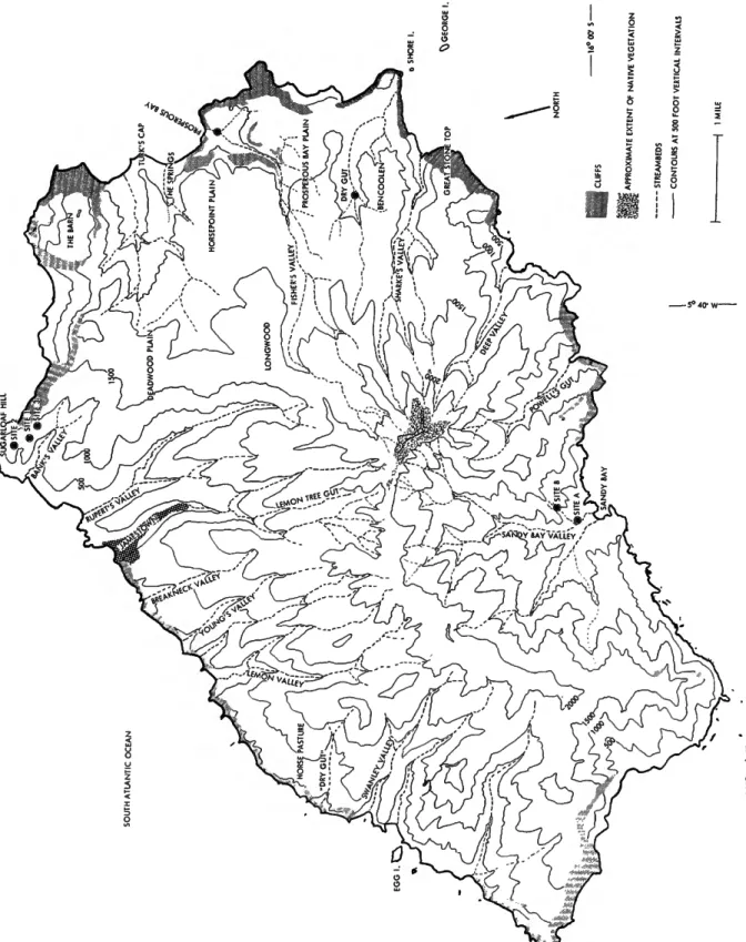 FIGURE 1.—Map of St. Helena showing collecting localities (solid circles) and some of the  principal features of the island