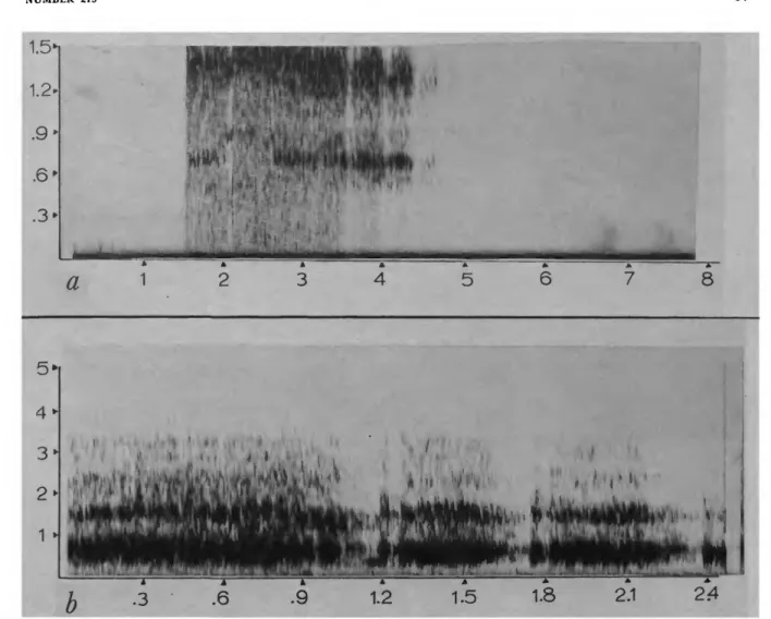 FIGURE 19.—Long call variants for Ateles fusciceps: a, undulating long call, possible derivative from gutteral whinny; b, harsh long call series showing variation in syllable length (wide band analysis 200 Hz increments)