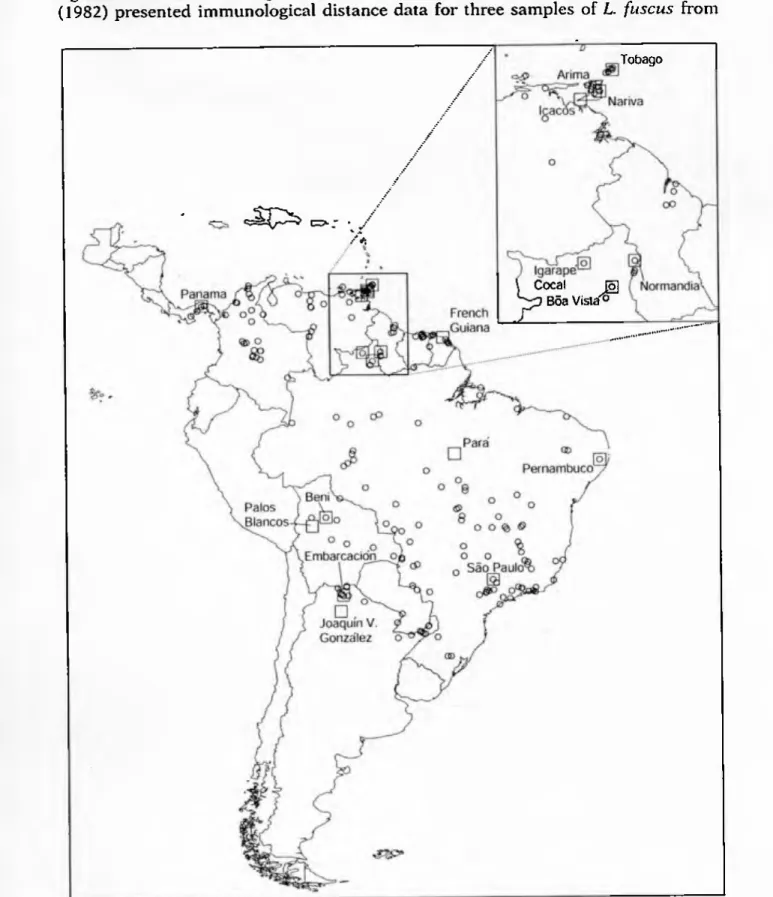 Fig. 1. • Distributian of the frog Leptodactylus fuscus (circles) with sites of 16 samples used for  electrophoretic analysis (squares)