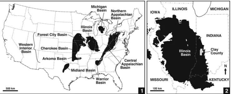 Figure 1. Basins in contiguous USA that contain coal-bearing strata of Pennsylvanian age
