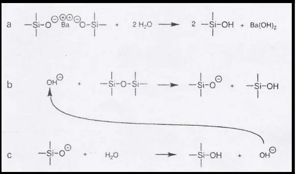 Gambar 2. Proses degradasi kimiawi pada partikel bahan pengisi (glass) yang disebabkan oleh kerusakan hidrolitik (kerusakan akibat air yang dikandung saliva).3 