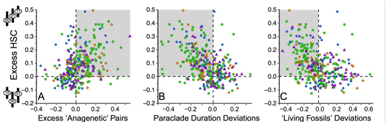 Fig. S8.  Excess Hierarchical Stratigraphic Compatibility (HSC) and paraclade extinction patterns
