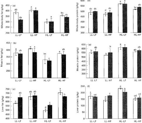 Fig. 4. Effect of feeding different experimental diets on (a, b, c) fat and (d, e, f) protein content in whole-body, muscle and liver tissues of Afri-with standard deviations shown by vertical bars.LF, low-fat; HF, high-fat.can catﬁsh (Clarias gariepinus B