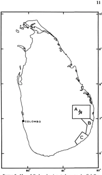 FIGURE 2.—Map of Ceylon showing study areas: Arz:Gal Oya study area; R —Lahugala study area; C-= Ruhunu study area.