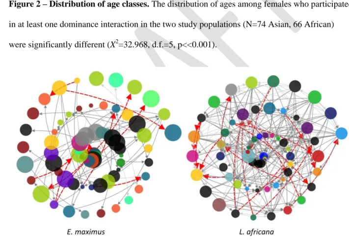 Figure 3 – Dominance networks of E. maximus and L. Africana. Nodes are sized by age class, 738 