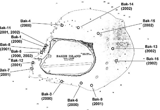 Figure 3. Outline of Baker Island as shown on NOAA navigational charts prior to 2003, with positions of  NOAA fish transect stations