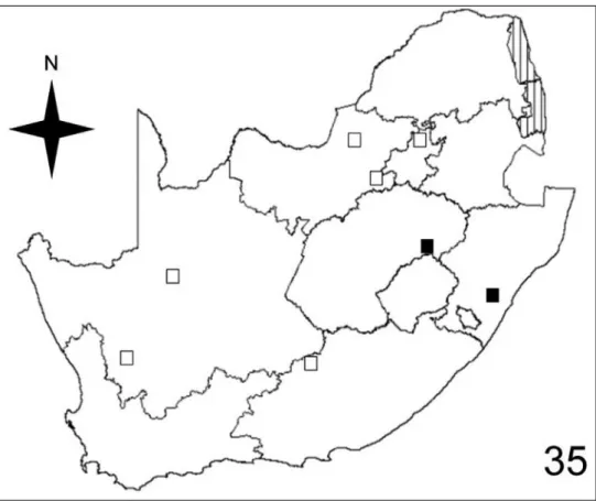 Figure 35. Distribution map showing collecting localities of museum specimens of A. circumscripta Klug  in the Republic of South Africa
