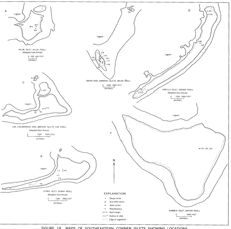 FIGURE  18.  MAPS  OF  SOUTHEASTERN  CORNER  ISLETS  SHOWING  LOCATIONS  FROM  WHICH  SOIL  SAMPLES  WERE  COLLECTED 