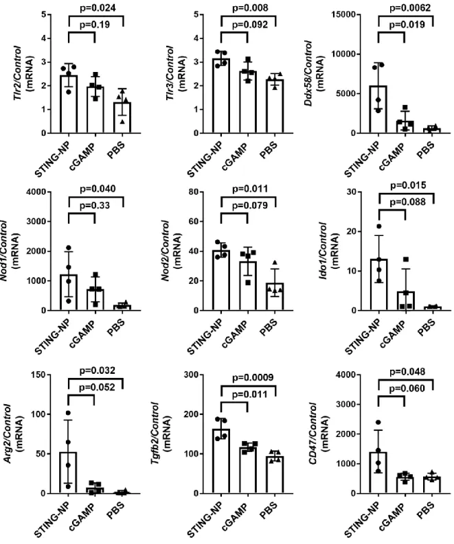 Figure 4.1. Potential targets for synergistic combination therapy with STING-NPs. Genes that were  revealed by nanoString multiplex mRNA quantification to be upregulated in response to STING-NPs that  are relevant to immunosuppression or stimulation of inn