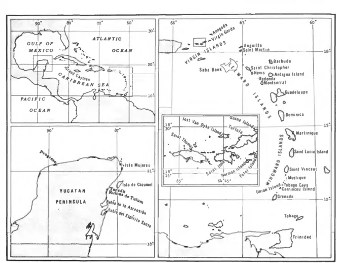 FIGURE 1.—Primary localities at which collections were made during the Smithsonian-Bredin Caribbean Expeditions.