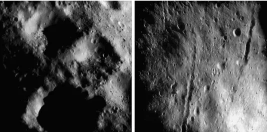 Fig. 7. Two panel Fig. showing rectilinear crater indicating pre-existing joint control (square crater center right ~900 m diameter, 132151511-132151569) and grooves (~1.4 km frame width 135343994), both features require a cohesive substrate (Wilkison et a