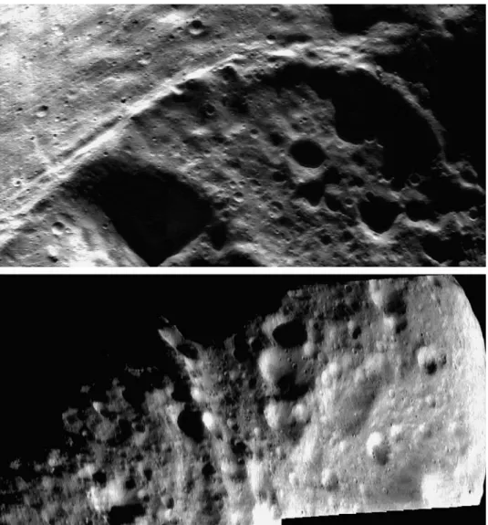 Fig. 8. Top: Large scarp that spans 1/3 of an Eros short diameter (Rahe Dorsum) interpreted to be a large scale fault (scene width ~4 km, 131893649, 131893737, 131893825)